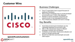 openshift.com
Customer Wins
Business Challenges
● Automated provisioning for developers via new
Lightweight Application Environment (LAE)
● Able to offer standardized stacks for different
languages including Java and Node.js
● Containers provide better infrastructure utilization and
easier to manage operationally
● Benefit from Red Hat’s technical depth and world
class support
Key Benefits
● Cisco IT organization has to support thousand of
application developers
● Built out large virtualization farm to provide developer
environments (over 15,000 JVMs deployed)
● Needed to improve developer productivity and
expand access to new languages/frameworks
● Poor infrastructure utilization and hard to manage
 