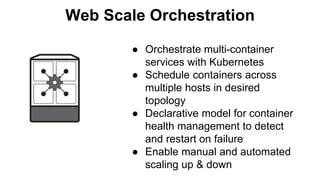 Web Scale Orchestration
● Orchestrate multi-container
services with Kubernetes
● Schedule containers across
multiple hosts in desired
topology
● Declarative model for container
health management to detect
and restart on failure
● Enable manual and automated
scaling up & down
 