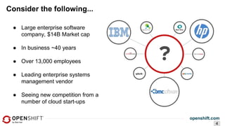 openshift.com
4
Consider the following...
● Large enterprise software
company, $14B Market cap
● In business ~40 years
● Over 13,000 employees
● Leading enterprise systems
management vendor
● Seeing new competition from a
number of cloud start-ups
 