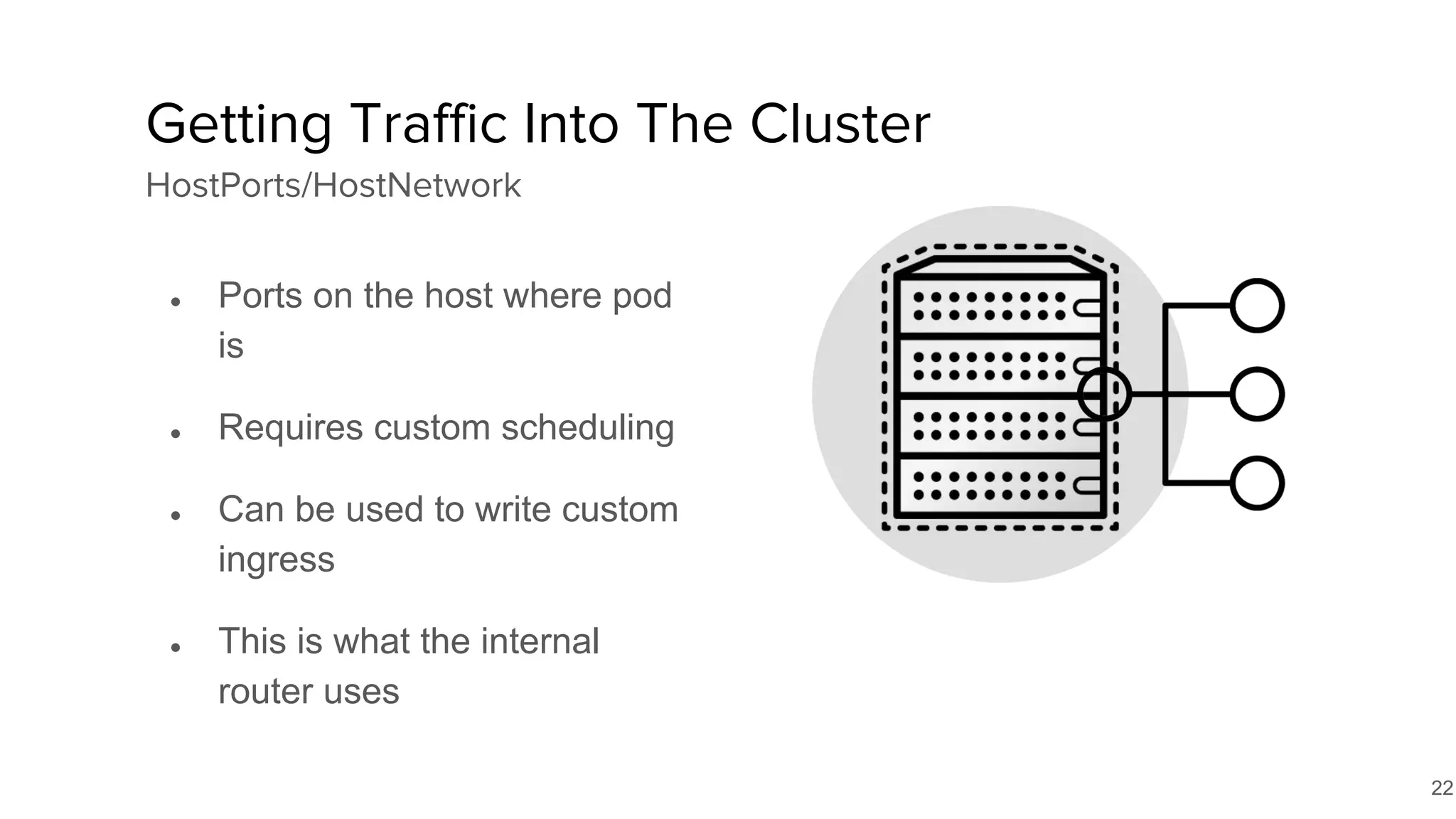 22
● Ports on the host where pod
is
● Requires custom scheduling
● Can be used to write custom
ingress
● This is what the internal
router uses
Getting Traffic Into The Cluster
HostPorts/HostNetwork
 