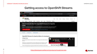 CONFIDENTIAL designator
32
OPENSHIFT STREAMS FOR APACHE KAFKA
Getting access to OpenShift Streams
https://developers.redha...