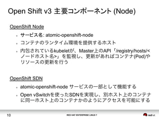RED HAT ENTERPRISE LINUX 710
Open Shift v3 主要コンポーネント (Node)	
OpenShift Node
l  サービス名: atomic-openshift-node
l  コンテナのランタイム環境を提供するホスト
l  内包されているkubeletが、Master上のAPI「/registry/hosts/<
ノードホスト名>」を監視し、更新があればコンテナ(Pod)や
リソースの更新を行う
OpenShift SDN
l  atomic-openshift-node サービスの一部として機能する
l  Open vSwitchを使ったSDNを実現し、別ホスト上のコンテナ
に同一ホスト上のコンテナかのようにアクセスを可能にする
 