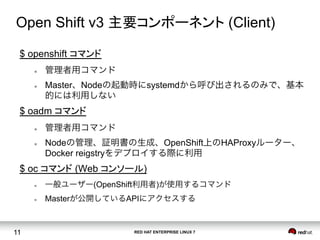 RED HAT ENTERPRISE LINUX 711
Open Shift v3 主要コンポーネント (Client)	
$ openshift コマンド
l  管理者用コマンド
l  Master、Nodeの起動時にsystemdから呼び出されるのみで、基本
的には利用しない
$ oadm コマンド
l  管理者用コマンド
l  Nodeの管理、証明書の生成、OpenShift上のHAProxyルーター、
Docker reigstryをデプロイする際に利用
$ oc コマンド (Web コンソール)
l  一般ユーザー(OpenShift利用者)が使用するコマンド
l  Masterが公開しているAPIにアクセスする
 
