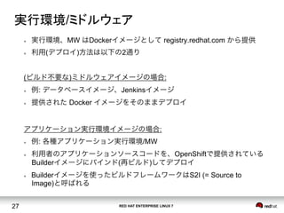 RED HAT ENTERPRISE LINUX 727
l  実行環境、MW はDockerイメージとして registry.redhat.com から提供
l  利用(デプロイ)方法は以下の2通り
(ビルド不要な)ミドルウェアイメージの場合:
l  例: データベースイメージ、Jenkinsイメージ
l  提供された Docker イメージをそのままデプロイ
アプリケーション実行環境イメージの場合:
l  例: 各種アプリケーション実行環境/MW
l  利用者のアプリケーションソースコードを、OpenShiftで提供されている
Builderイメージにバインド(再ビルド)してデプロイ
l  Builderイメージを使ったビルドフレームワークはS2I (= Source to
Image)と呼ばれる
実行環境/ミドルウェア	
 
