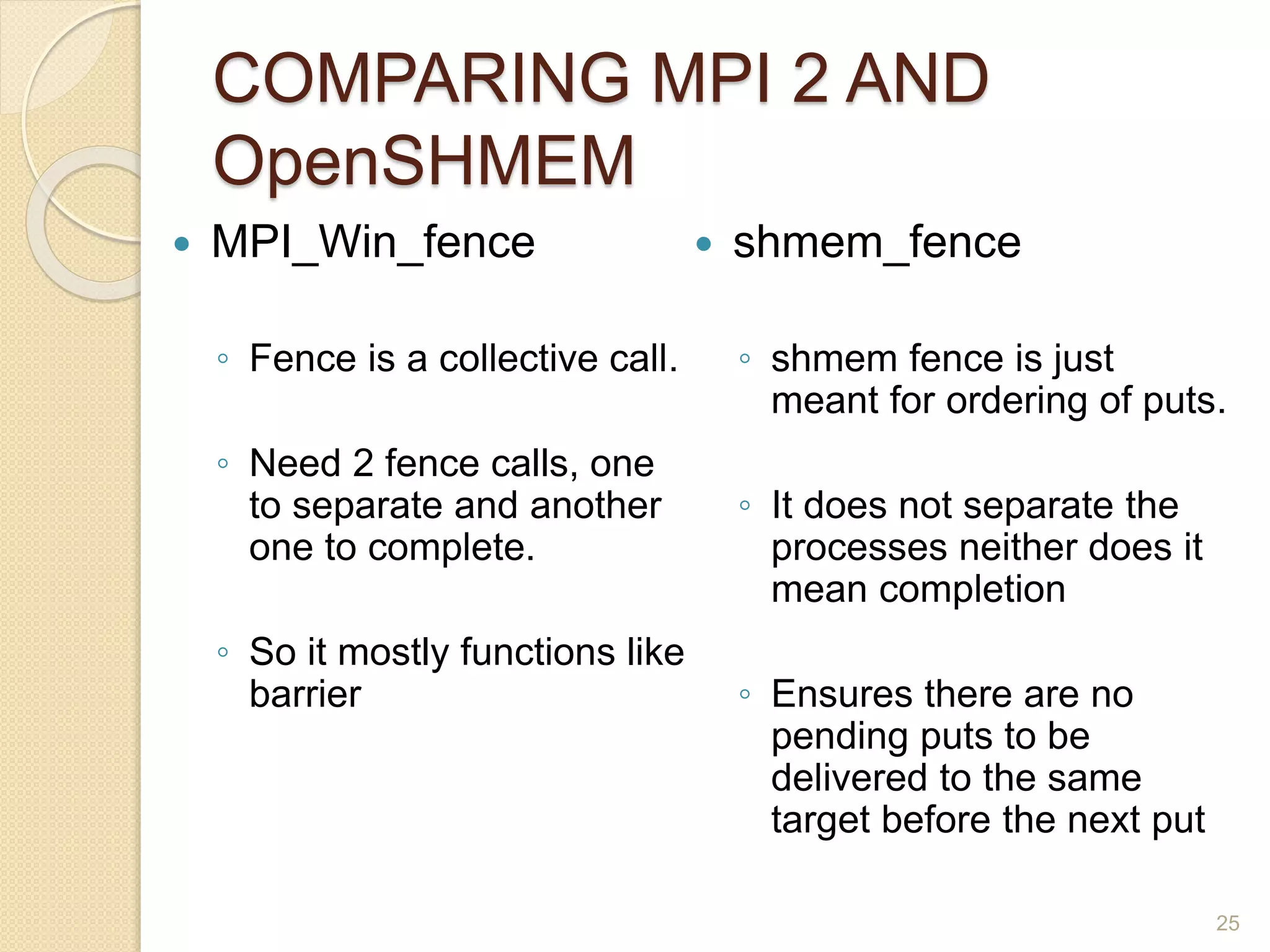 COMPARING MPI 2 AND
OpenSHMEM
 MPI_Win_fence
◦ Fence is a collective call.
◦ Need 2 fence calls, one
to separate and another
one to complete.
◦ So it mostly functions like
barrier
 shmem_fence
◦ shmem fence is just
meant for ordering of puts.
◦ It does not separate the
processes neither does it
mean completion
◦ Ensures there are no
pending puts to be
delivered to the same
target before the next put
25
 
