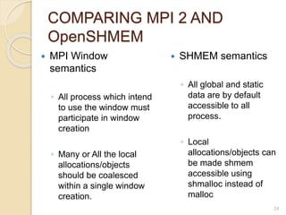 COMPARING MPI 2 AND
OpenSHMEM
 MPI Window
semantics
◦ All process which intend
to use the window must
participate in window
creation
◦ Many or All the local
allocations/objects
should be coalesced
within a single window
creation.
 SHMEM semantics
◦ All global and static
data are by default
accessible to all
process.
◦ Local
allocations/objects can
be made shmem
accessible using
shmalloc instead of
malloc
24
 