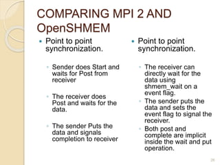 COMPARING MPI 2 AND
OpenSHMEM
 Point to point
synchronization.
◦ Sender does Start and
waits for Post from
receiver
◦ The receiver does
Post and waits for the
data.
◦ The sender Puts the
data and signals
completion to receiver
 Point to point
synchronization.
◦ The receiver can
directly wait for the
data using
shmem_wait on a
event flag.
◦ The sender puts the
data and sets the
event flag to signal the
receiver.
◦ Both post and
complete are implicit
inside the wait and put
operation.
26
 