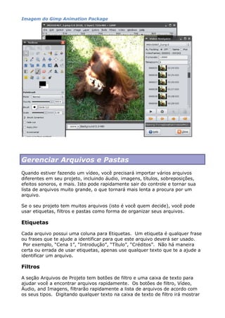 Imagem do Gimp Animation Package
Gerenciar Arquivos e Pastas
Quando estiver fazendo um vídeo, você precisará importar vários arquivos
diferentes em seu projeto, incluindo áudio, imagens, títulos, sobreposições,
efeitos sonoros, e mais. Isto pode rapidamente sair do controle e tornar sua
lista de arquivos muito grande, o que tornará mais lenta a procura por um
arquivo.
Se o seu projeto tem muitos arquivos (isto é você quem decide), você pode
usar etiquetas, filtros e pastas como forma de organizar seus arquivos.
Etiquetas
Cada arquivo possui uma coluna para Etiquetas. Um etiqueta é qualquer frase
ou frases que te ajude a identificar para que este arquivo deverá ser usado.
Por exemplo, “Cena 1”, “Introdução”, “Título”, “Créditos”. Não há maneira
certa ou errada de usar etiquetas, apenas use qualquer texto que te a ajude a
identificar um arquivo.
Filtros
A seção Arquivos de Projeto tem botões de filtro e uma caixa de texto para
ajudar você a encontrar arquivos rapidamente. Os botões de filtro, Vídeo,
Áudio, and Imagens, filtrarão rapidamente a lista de arquivos de acordo com
os seus tipos. Digitando qualquer texto na caixa de texto de filtro irá mostrar
 