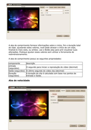 A aba de comprimento fornece informações sobre o início, fim e duração total
do clipe. ajustando estes valores, você pode atrasar o início de um clipe,
finalizá-lo mais cedo, ou ambos. use o Botão play para pré-visualizar suas
alterações. Pratique ajustar esses valores sem utilizar a ferramenta de
redimensionamento.
A aba de comprimento possui as seguintes propriedades:
componente descrição
entrada
(segundos)
O segundo para iniciar a reprodução do vídeo (decimal)
Saída (segundos) O último segundo do video clip (decimal)
Duração
(segundos)
A duração do clip é calculada com base nos pontos de
Entrada e Saída.
Aba de velocidade
 