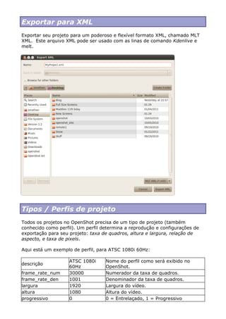 Exportar para XML
Exportar seu projeto para um poderoso e flexível formato XML, chamado MLT
XML. Este arquivo XML pode ser usado com as linas de comando Kdenlive e
melt.
Tipos / Perfis de projeto
Todos os projetos no OpenShot precisa de um tipo de projeto (também
conhecido como perfil). Um perfil determina a reprodução e configurações de
exportação para seu projeto: taxa de quadros, altura e largura, relação de
aspecto, e taxa de pixels.
Aqui está um exemplo de perfil, para ATSC 1080i 60Hz:
descrição
ATSC 1080i
60Hz
Nome do perfil como será exibido no
OpenShot.
frame_rate_num 30000 Numerador da taxa de quadros.
frame_rate_den 1001 Denominador da taxa de quadros.
largura 1920 Largura do vídeo.
altura 1080 Altura do vídeo.
progressivo 0 0 = Entrelaçado, 1 = Progressivo
 