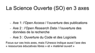 La Science Ouverte (SO) en 3 axes
- Axe 1: l’Open Access / l’ouverture des publications
- Axe 2 : l’Open Research Data / l’ouverture des
données de la recherche
- Axe 3 : Ouverture du Code et des Logiciels
Focus sur ces trois axes, mais l’Unesco indique aussi l’axe des
« ressources éducatives libres » et « matériel ouvert »
 