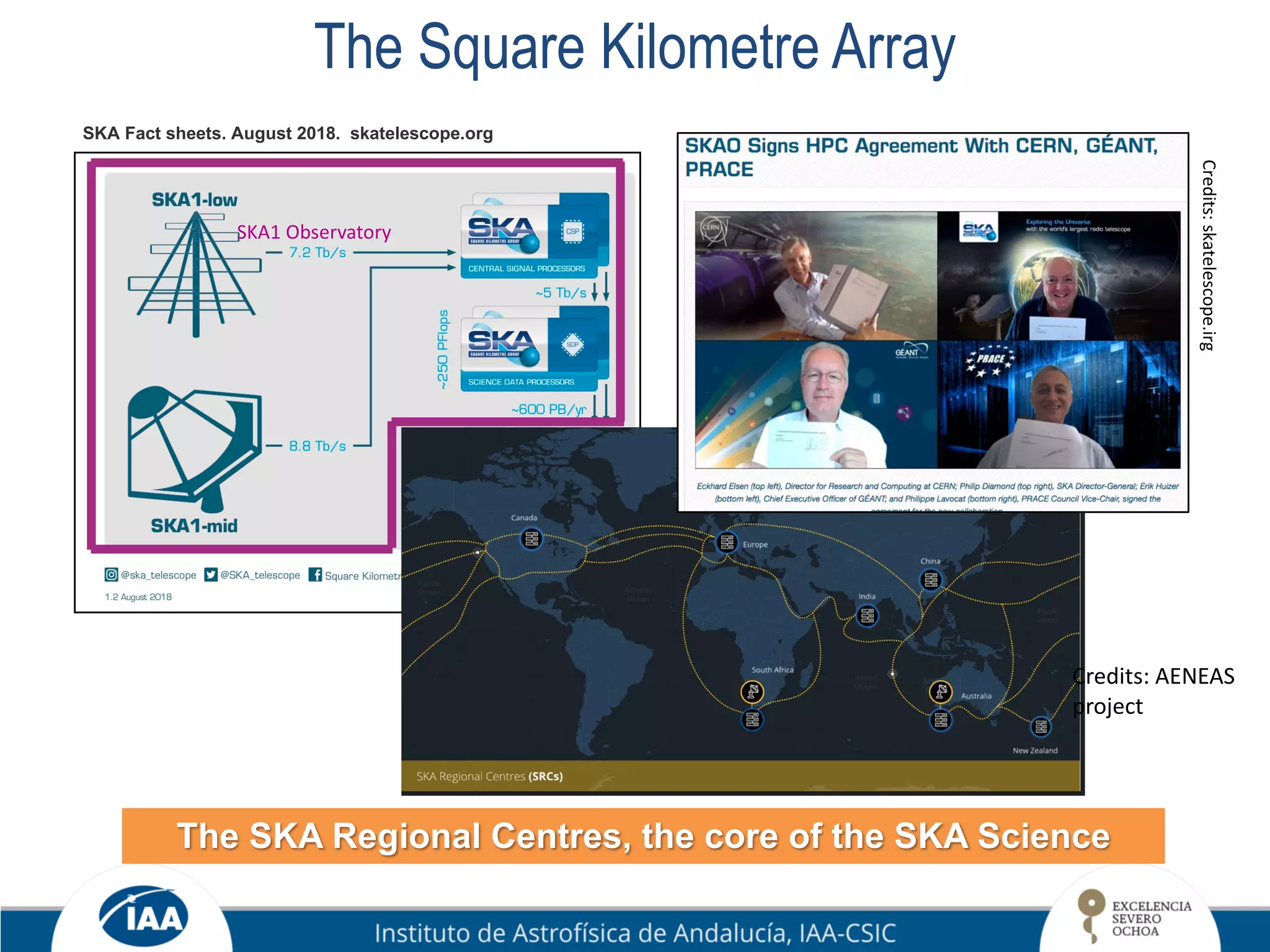 The Square Kilometre Array
SKA1 Observatory
SKA Fact sheets. August 2018. skatelescope.org
The SKA Regional Centres, the core of the SKA Science
Credits: AENEAS
project
Credits:skatelescope.irg
 