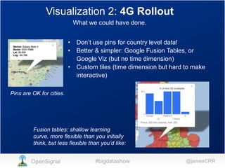 Visualization 2: 4G Rollout
What we could have done.
• Don’t use pins for country level data!
• Better & simpler: Google Fusion Tables, or
Google Viz (but no time dimension)
• Custom tiles (time dimension but hard to make
interactive)
Pins are OK for cities.

Fusion tables: shallow learning
curve, more flexible than you initially
think, but less flexible than you’d like:
OpenSignal

#bigdatashow

@jamesCRR

 