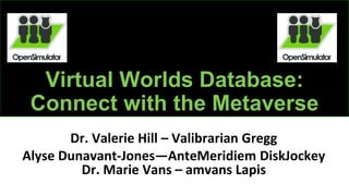 Virtual Worlds Database:
Connect with the Metaverse
Dr. Valerie Hill – Valibrarian Gregg
Alyse Dunavant-Jones—AnteMeridiem DiskJockey
Dr. Marie Vans – amvans Lapis
 