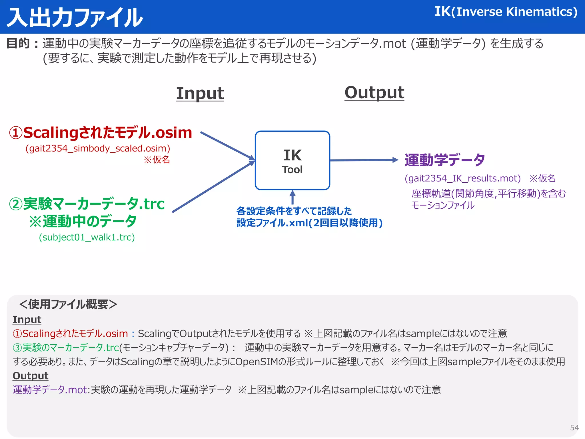 入出力ファイル
IK
Tool
①Scalingされたモデル.osim
＜使用ファイル概要＞
Input
①Scalingされたモデル.osim：ScalingでOutputされたモデルを使用する ※上図記載のファイル名はsampleにはないので注意
③実験のマーカーデータ.trc(モーションキャプチャーデータ)： 運動中の実験マーカーデータを用意する。マーカー名はモデルのマーカー名と同じに
する必要あり。また、データはScalingの章で説明したようにOpenSIMの形式ルールに整理しておく ※今回は上図sampleファイルをそのまま使用
Output
運動学データ.mot:実験の運動を再現した運動学データ ※上図記載のファイル名はsampleにはないので注意
②実験マーカーデータ.trc
※運動中のデータ
Input Output
運動学データ
(gait2354_simbody_scaled.osim)
(subject01_walk1.trc)
(gait2354_IK_results.mot)
各設定条件をすべて記録した
設定ファイル.xml(2回目以降使用)
IK(Inverse Kinematics)
目的：運動中の実験マーカーデータの座標を追従するモデルのモーションデータ.mot (運動学データ) を生成する
(要するに、実験で測定した動作をモデル上で再現させる)
座標軌道(関節角度,平行移動)を含む
モーションファイル
※仮名
※仮名
54
 