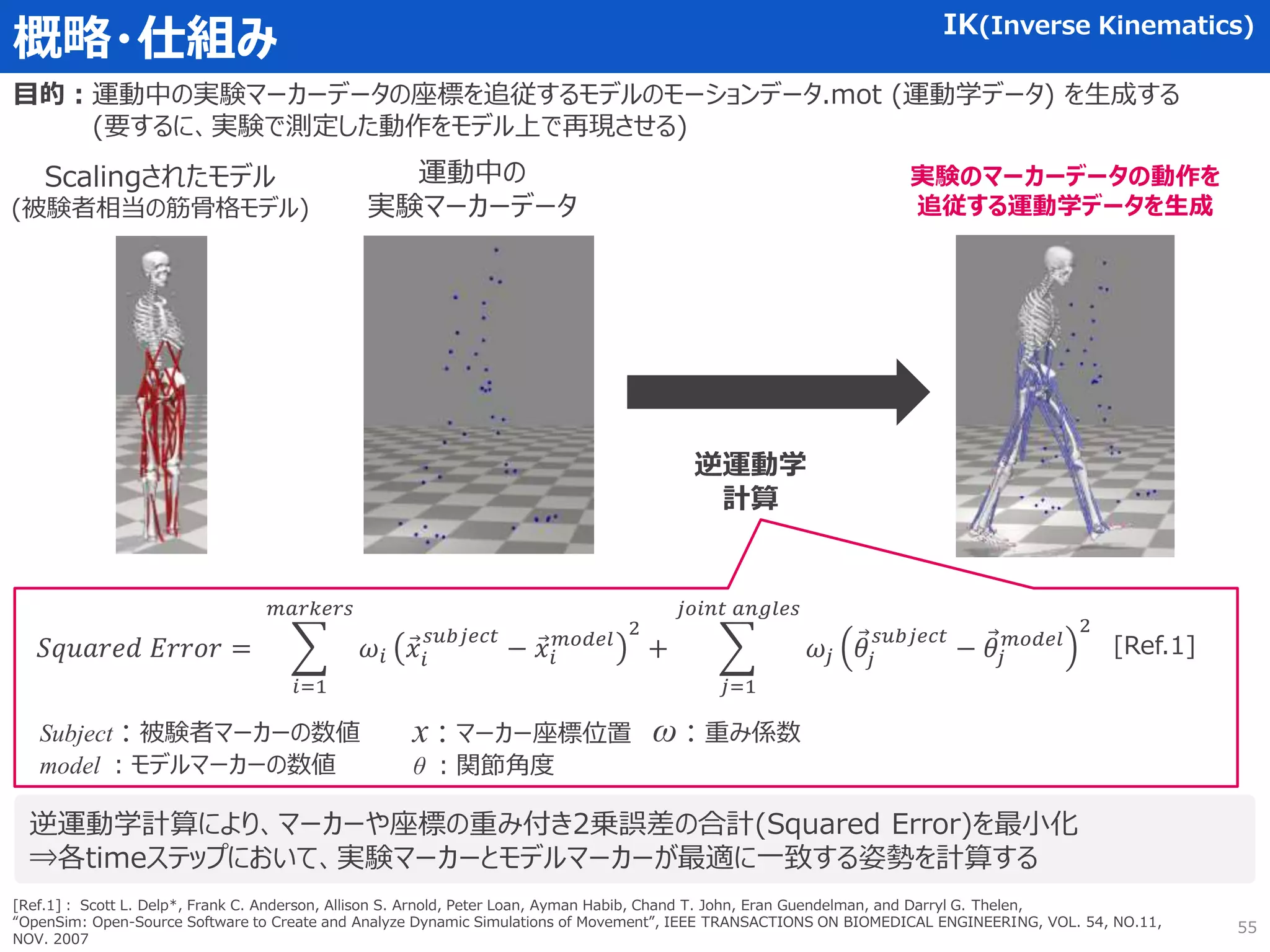 概略・仕組み IK(Inverse Kinematics)
目的：運動中の実験マーカーデータの座標を追従するモデルのモーションデータ.mot (運動学データ) を生成する
(要するに、実験で測定した動作をモデル上で再現させる)
Scalingされたモデル
(被験者相当の筋骨格モデル)
運動中の
実験マーカーデータ
実験のマーカーデータの動作を
追従する運動学データを生成
逆運動学
計算
逆運動学計算により、マーカーや座標の重み付き2乗誤差の合計(Squared Error)を最小化
⇒各timeステップにおいて、実験マーカーとモデルマーカーが最適に一致する姿勢を計算する
𝑆𝑞𝑢𝑎𝑟𝑒𝑑 𝐸𝑟𝑟𝑜𝑟 =
𝑖=1
𝑚𝑎𝑟𝑘𝑒𝑟𝑠
𝜔𝑖 𝑥𝑖
𝑠𝑢𝑏𝑗𝑒𝑐𝑡
− 𝑥𝑖
𝑚𝑜𝑑𝑒𝑙
2
+
𝑗=1
𝑗𝑜𝑖𝑛𝑡 𝑎𝑛𝑔𝑙𝑒𝑠
𝜔𝑗 𝜃𝑗
𝑠𝑢𝑏𝑗𝑒𝑐𝑡
− 𝜃𝑗
𝑚𝑜𝑑𝑒𝑙
2
x : マーカー座標位置
θ ：関節角度
Subject : 被験者マーカーの数値
model ：モデルマーカーの数値
[Ref.1]
[Ref.1]： Scott L. Delp*, Frank C. Anderson, Allison S. Arnold, Peter Loan, Ayman Habib, Chand T. John, Eran Guendelman, and Darryl G. Thelen,
“OpenSim: Open-Source Software to Create and Analyze Dynamic Simulations of Movement”, IEEE TRANSACTIONS ON BIOMEDICAL ENGINEERING, VOL. 54, NO.11,
NOV. 2007
ω : 重み係数
55
 