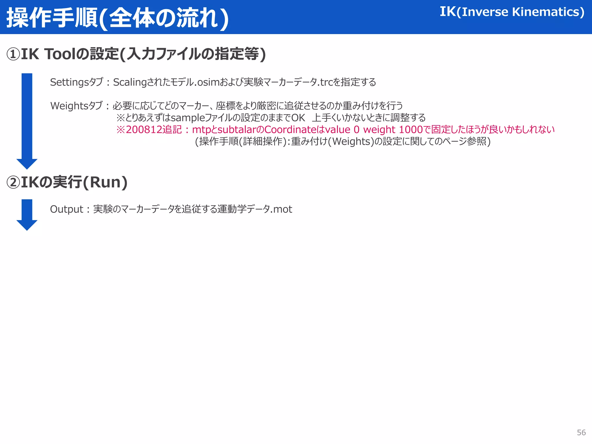 操作手順(全体の流れ)
②IKの実行(Run)
Output：実験のマーカーデータを追従する運動学データ.mot
①IK Toolの設定(入力ファイルの指定等)
Settingsタブ：Scalingされたモデル.osimおよび実験マーカーデータ.trcを指定する
Weightsタブ：必要に応じてどのマーカー、座標をより厳密に追従させるのか重み付けを行う
※とりあえずはsampleファイルの設定のままでOK 上手くいかないときに調整する
※200812追記：mtpとsubtalarのCoordinateはvalue 0 weight 1000で固定したほうが良いかもしれない
(操作手順(詳細操作):重み付け(Weights)の設定に関してのページ参照)
IK(Inverse Kinematics)
56
 