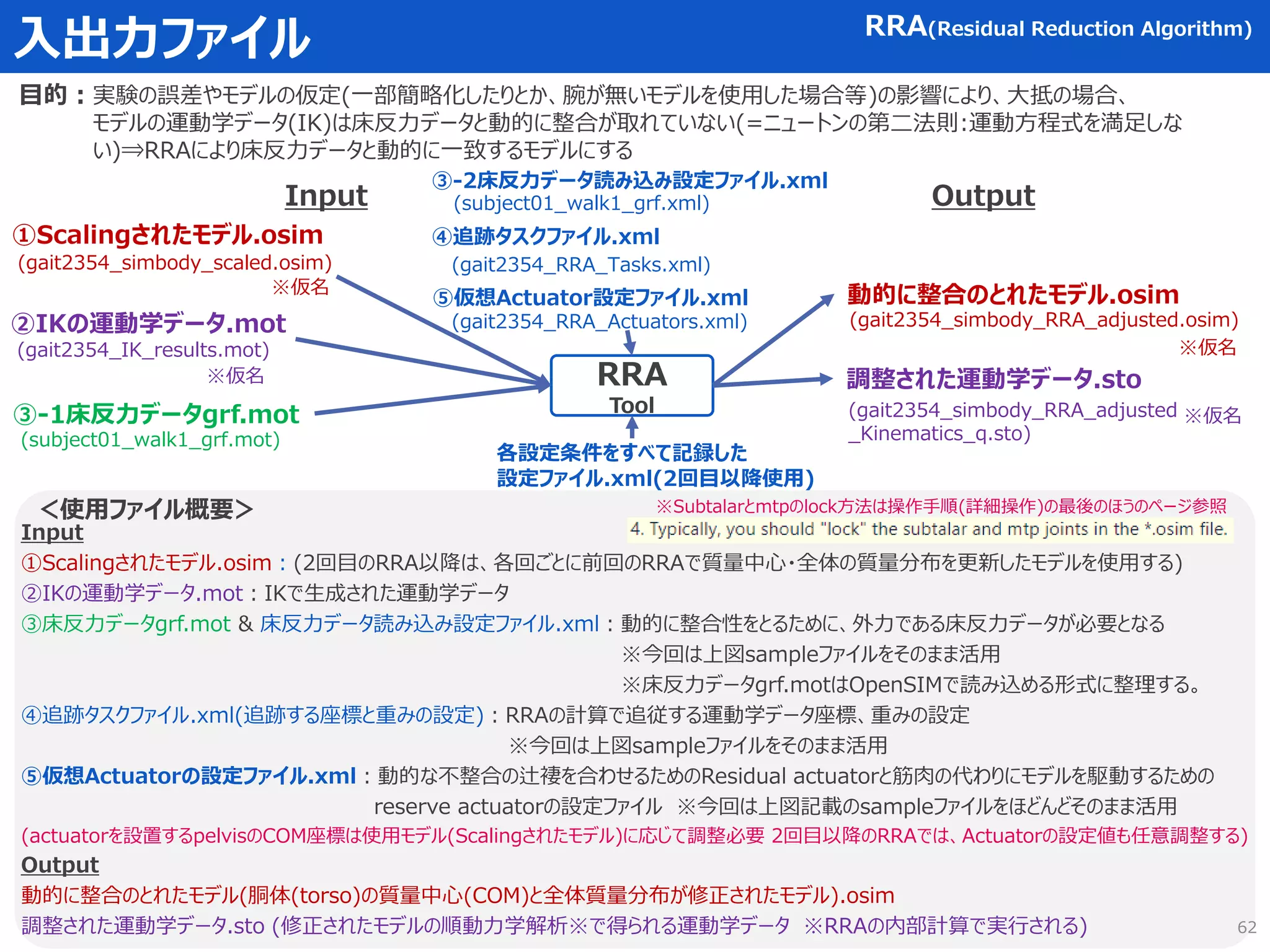 入出力ファイル
RRA
Tool
①Scalingされたモデル.osim
＜使用ファイル概要＞
Input
①Scalingされたモデル.osim：(2回目のRRA以降は、各回ごとに前回のRRAで質量中心・全体の質量分布を更新したモデルを使用する)
②IKの運動学データ.mot：IKで生成された運動学データ
③床反力データgrf.mot & 床反力データ読み込み設定ファイル.xml：動的に整合性をとるために、外力である床反力データが必要となる
※今回は上図sampleファイルをそのまま活用
※床反力データgrf.motはOpenSIMで読み込める形式に整理する。
④追跡タスクファイル.xml(追跡する座標と重みの設定)：RRAの計算で追従する運動学データ座標、重みの設定
※今回は上図sampleファイルをそのまま活用
⑤仮想Actuatorの設定ファイル.xml：動的な不整合の辻褄を合わせるためのResidual actuatorと筋肉の代わりにモデルを駆動するための
reserve actuatorの設定ファイル ※今回は上図記載のsampleファイルをほどんどそのまま活用
(actuatorを設置するpelvisのCOM座標は使用モデル(Scalingされたモデル)に応じて調整必要 2回目以降のRRAでは、Actuatorの設定値も任意調整する)
Output
動的に整合のとれたモデル(胴体(torso)の質量中心(COM)と全体質量分布が修正されたモデル).osim
調整された運動学データ.sto (修正されたモデルの順動力学解析※で得られる運動学データ ※RRAの内部計算で実行される)
③-1床反力データgrf.mot
Input Output
動的に整合のとれたモデル.osim
(gait2354_simbody_scaled.osim)
(subject01_walk1_grf.mot)
(gait2354_IK_results.mot)
各設定条件をすべて記録した
設定ファイル.xml(2回目以降使用)
RRA(Residual Reduction Algorithm)
目的：
②IKの運動学データ.mot
調整された運動学データ.sto
(gait2354_simbody_RRA_adjusted
_Kinematics_q.sto)
(gait2354_simbody_RRA_adjusted.osim)
※仮名
※仮名
※仮名
※仮名
④追跡タスクファイル.xml
⑤仮想Actuator設定ファイル.xml
③-2床反力データ読み込み設定ファイル.xml
実験の誤差やモデルの仮定(一部簡略化したりとか、腕が無いモデルを使用した場合等)の影響により、大抵の場合、
モデルの運動学データ(IK)は床反力データと動的に整合が取れていない(=ニュートンの第二法則:運動方程式を満足しな
い)⇒RRAにより床反力データと動的に一致するモデルにする
(gait2354_RRA_Actuators.xml)
(gait2354_RRA_Tasks.xml)
(subject01_walk1_grf.xml)
62
※Subtalarとmtpのlock方法は操作手順(詳細操作)の最後のほうのページ参照
 