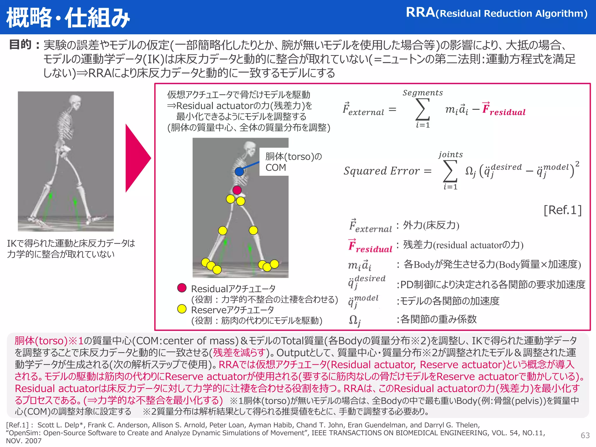概略・仕組み RRA(Residual Reduction Algorithm)
目的：実験の誤差やモデルの仮定(一部簡略化したりとか、腕が無いモデルを使用した場合等)の影響により、大抵の場合、
モデルの運動学データ(IK)は床反力データと動的に整合が取れていない(=ニュートンの第二法則:運動方程式を満足
しない)⇒RRAにより床反力データと動的に一致するモデルにする
胴体(torso)※1の質量中心(COM:center of mass)＆モデルのTotal質量(各Bodyの質量分布※2)を調整し、IKで得られた運動学データ
を調整することで床反力データと動的に一致させる(残差を減らす)。Outputとして、質量中心・質量分布※2が調整されたモデル＆調整された運
動学データが生成される(次の解析ステップで使用)。RRAでは仮想アクチュエータ(Residual actuator, Reserve actuator)という概念が導入
される。モデルの駆動は筋肉の代わりにReserve actuatorが使用される(要するに筋肉なしの骨だけモデルをReserve actuatorで動かしている)。
Residual actuatorは床反力データに対して力学的に辻褄を合わせる役割を持つ。RRAは、このResidual actuatorの力(残差力)を最小化す
るプロセスである。(⇒力学的な不整合を最小化する) ※1胴体(torso)が無いモデルの場合は、全Bodyの中で最も重いBody(例:骨盤(pelvis))を質量中
心(COM)の調整対象に設定する ※2質量分布は解析結果として得られる推奨値をもとに、手動で調整する必要あり。
𝑆𝑞𝑢𝑎𝑟𝑒𝑑 𝐸𝑟𝑟𝑜𝑟 =
𝑖=1
𝑗𝑜𝑖𝑛𝑡𝑠
Ω𝑗 𝑞𝑗
𝑑𝑒𝑠𝑖𝑟𝑒𝑑
− 𝑞𝑗
𝑚𝑜𝑑𝑒𝑙 2
[Ref.1]
[Ref.1]： Scott L. Delp*, Frank C. Anderson, Allison S. Arnold, Peter Loan, Ayman Habib, Chand T. John, Eran Guendelman, and Darryl G. Thelen,
“OpenSim: Open-Source Software to Create and Analyze Dynamic Simulations of Movement”, IEEE TRANSACTIONS ON BIOMEDICAL ENGINEERING, VOL. 54, NO.11,
NOV. 2007
𝐹𝑒𝑥𝑡𝑒𝑟𝑛𝑎𝑙 =
𝑖=1
𝑆𝑒𝑔𝑚𝑒𝑛𝑡𝑠
𝑚𝑖𝑎𝑖 − 𝑭𝒓𝒆𝒔𝒊𝒅𝒖𝒂𝒍
: 外力(床反力)
: 残差力(residual actuatorの力)
: 各Bodyが発生させる力(Body質量×加速度)
:PD制御により決定される各関節の要求加速度
:モデルの各関節の加速度
:各関節の重み係数
IKで得られた運動と床反力データは
力学的に整合が取れていない
仮想アクチュエータで骨だけモデルを駆動
⇒Residual actuatorの力(残差力)を
最小化できるようにモデルを調整する
(胴体の質量中心、全体の質量分布を調整)
Residualアクチュエータ
(役割：力学的不整合の辻褄を合わせる)
Reserveアクチュエータ
(役割：筋肉の代わりにモデルを駆動)
胴体(torso)の
COM
63
 