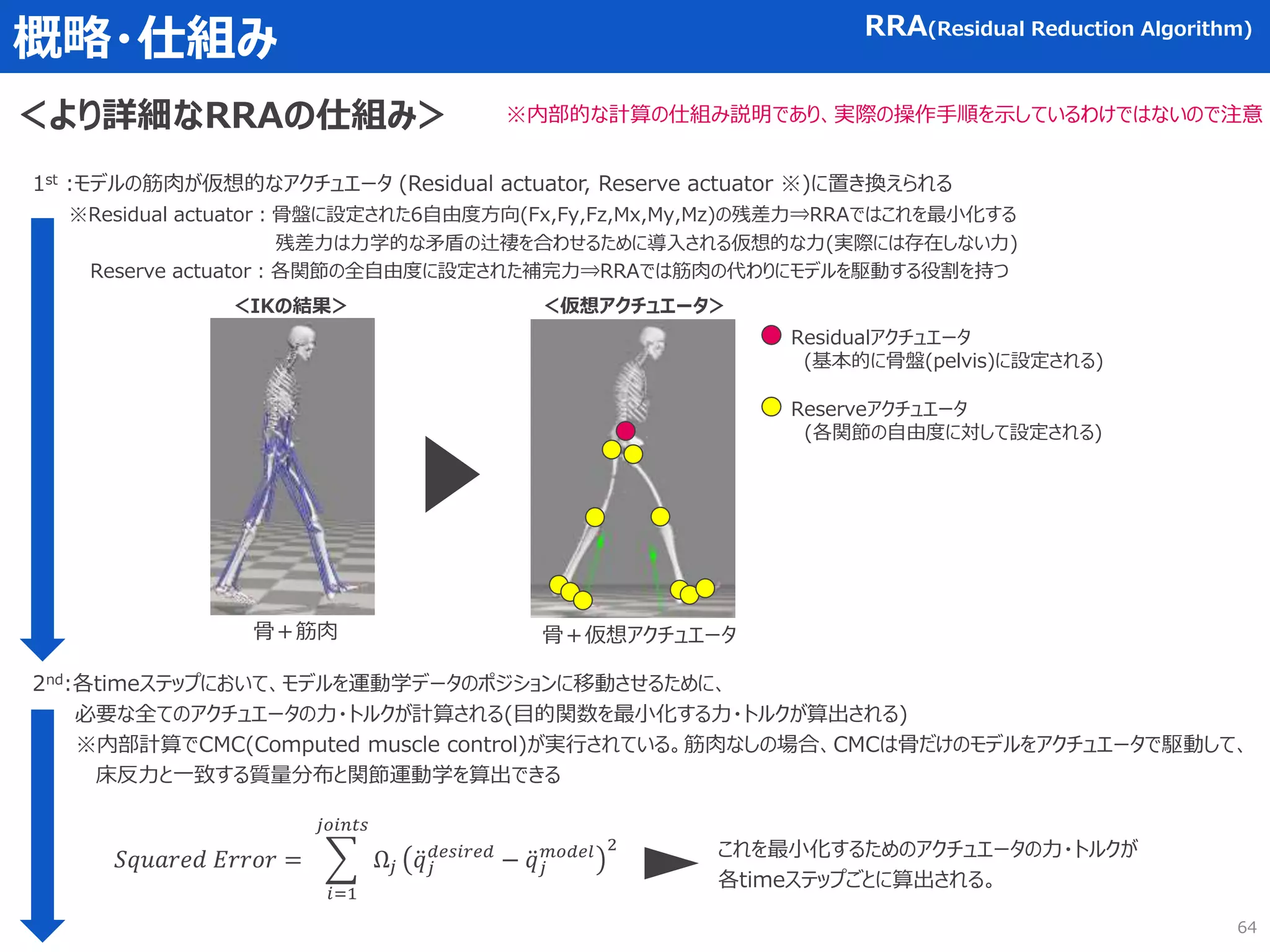 概略・仕組み RRA(Residual Reduction Algorithm)
＜より詳細なRRAの仕組み＞ ※内部的な計算の仕組み説明であり、実際の操作手順を示しているわけではないので注意
1st :モデルの筋肉が仮想的なアクチュエータ (Residual actuator, Reserve actuator ※)に置き換えられる
※Residual actuator：骨盤に設定された6自由度方向(Fx,Fy,Fz,Mx,My,Mz)の残差力⇒RRAではこれを最小化する
残差力は力学的な矛盾の辻褄を合わせるために導入される仮想的な力(実際には存在しない力)
Reserve actuator：各関節の全自由度に設定された補完力⇒RRAでは筋肉の代わりにモデルを駆動する役割を持つ
2nd:各timeステップにおいて、モデルを運動学データのポジションに移動させるために、
必要な全てのアクチュエータの力・トルクが計算される(目的関数を最小化する力・トルクが算出される)
※内部計算でCMC(Computed muscle control)が実行されている。筋肉なしの場合、CMCは骨だけのモデルをアクチュエータで駆動して、
床反力と一致する質量分布と関節運動学を算出できる
Residualアクチュエータ
(基本的に骨盤(pelvis)に設定される)
Reserveアクチュエータ
(各関節の自由度に対して設定される)
＜仮想アクチュエータ＞
＜IKの結果＞
骨＋筋肉 骨＋仮想アクチュエータ
𝑆𝑞𝑢𝑎𝑟𝑒𝑑 𝐸𝑟𝑟𝑜𝑟 =
𝑖=1
𝑗𝑜𝑖𝑛𝑡𝑠
Ω𝑗 𝑞𝑗
𝑑𝑒𝑠𝑖𝑟𝑒𝑑
− 𝑞𝑗
𝑚𝑜𝑑𝑒𝑙 2 これを最小化するためのアクチュエータの力・トルクが
各timeステップごとに算出される。
64
 