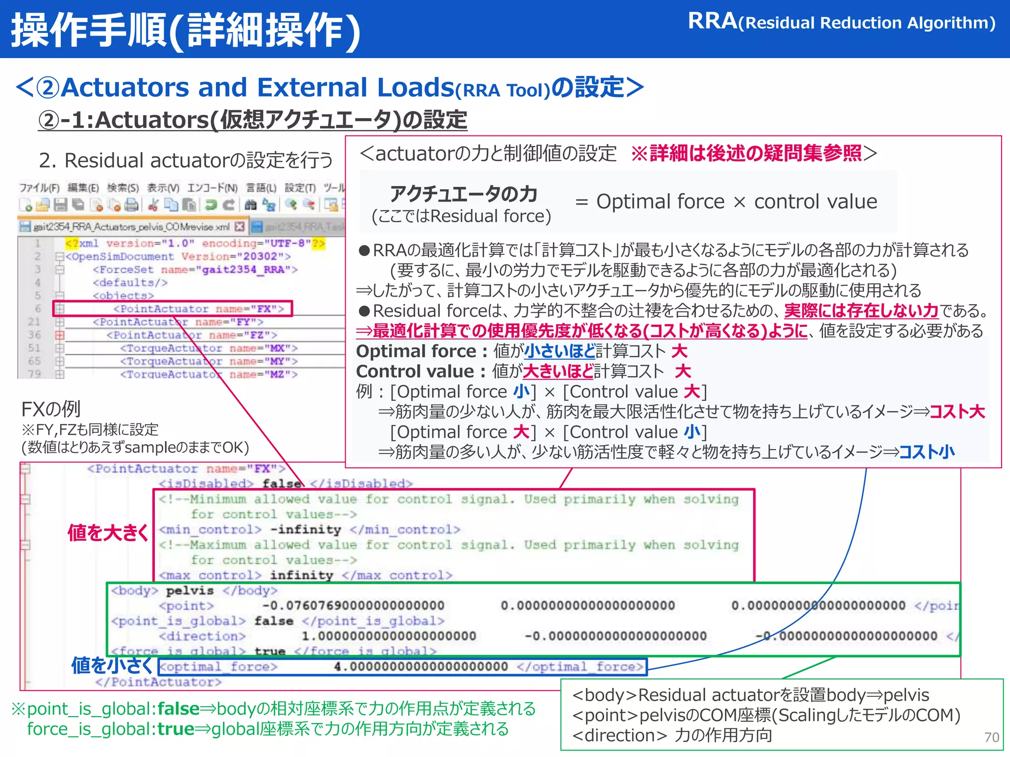 ＜actuatorの力と制御値の設定 ※詳細は後述の疑問集参照＞
操作手順(詳細操作)
＜②Actuators and External Loads(RRA Tool)の設定＞
RRA(Residual Reduction Algorithm)
②-1:Actuators(仮想アクチュエータ)の設定
2. Residual actuatorの設定を行う
FXの例
※FY,FZも同様に設定
(数値はとりあえずsampleのままでOK)
= Optimal force × control value
アクチュエータの力
(ここではResidual force)
●RRAの最適化計算では「計算コスト」が最も小さくなるようにモデルの各部の力が計算される
(要するに、最小の労力でモデルを駆動できるように各部の力が最適化される)
⇒したがって、計算コストの小さいアクチュエータから優先的にモデルの駆動に使用される
●Residual forceは、力学的不整合の辻褄を合わせるための、実際には存在しない力である。
⇒最適化計算での使用優先度が低くなる(コストが高くなる)ように、値を設定する必要がある
Optimal force：値が小さいほど計算コスト 大
Control value : 値が大きいほど計算コスト 大
例：[Optimal force 小] × [Control value 大]
⇒筋肉量の少ない人が、筋肉を最大限活性化させて物を持ち上げているイメージ⇒コスト大
[Optimal force 大] × [Control value 小]
⇒筋肉量の多い人が、少ない筋活性度で軽々と物を持ち上げているイメージ⇒コスト小
値を大きく
値を小さく
<body>Residual actuatorを設置body⇒pelvis
<point>pelvisのCOM座標(ScalingしたモデルのCOM)
<direction> 力の作用方向
※point_is_global:false⇒bodyの相対座標系で力の作用点が定義される
force_is_global:true⇒global座標系で力の作用方向が定義される 70
 