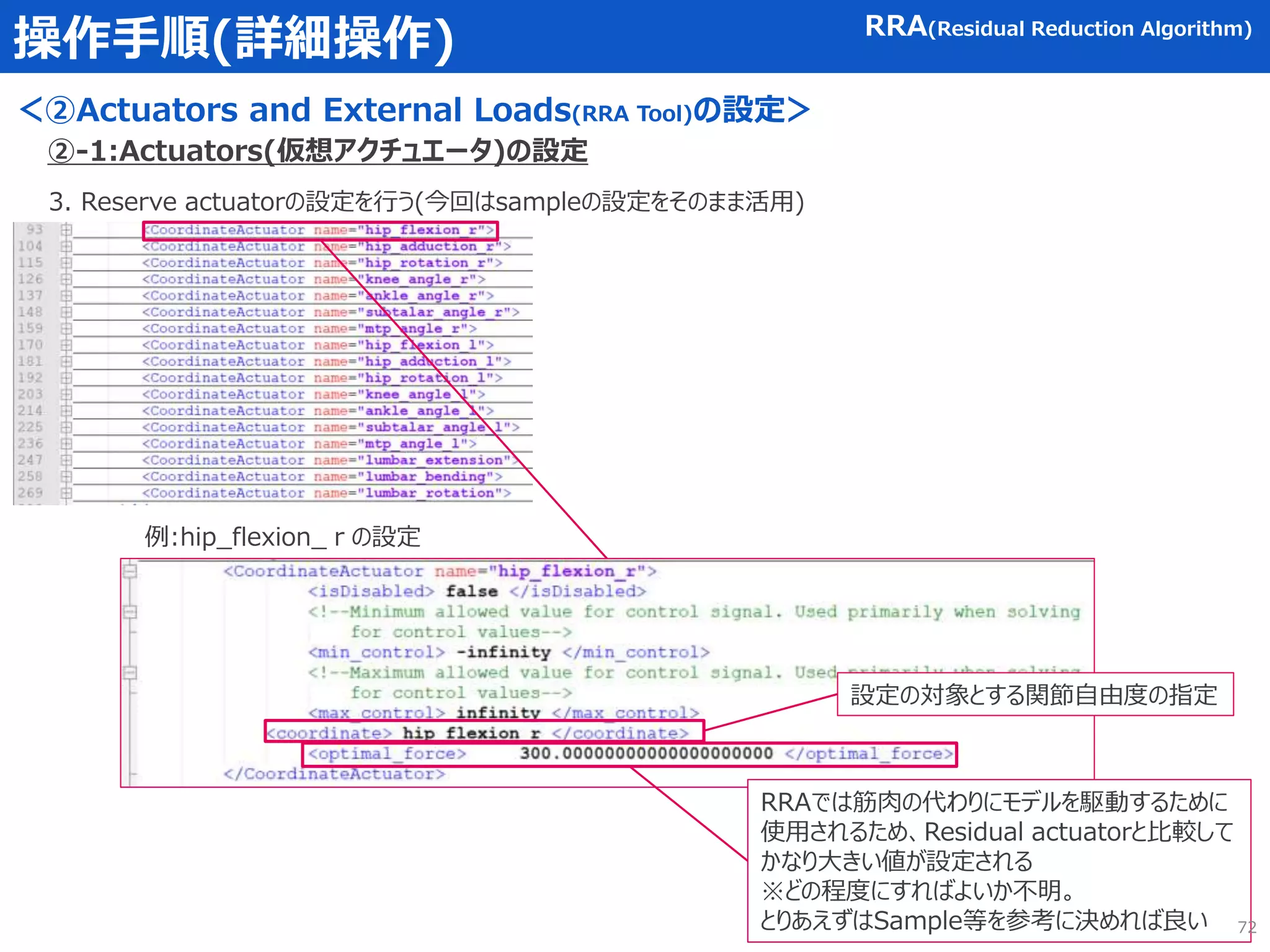 操作手順(詳細操作)
＜②Actuators and External Loads(RRA Tool)の設定＞
RRA(Residual Reduction Algorithm)
3. Reserve actuatorの設定を行う(今回はsampleの設定をそのまま活用)
②-1:Actuators(仮想アクチュエータ)の設定
例:hip_flexion_ｒの設定
設定の対象とする関節自由度の指定
RRAでは筋肉の代わりにモデルを駆動するために
使用されるため、Residual actuatorと比較して
かなり大きい値が設定される
※どの程度にすればよいか不明。
とりあえずはSample等を参考に決めれば良い 72
 