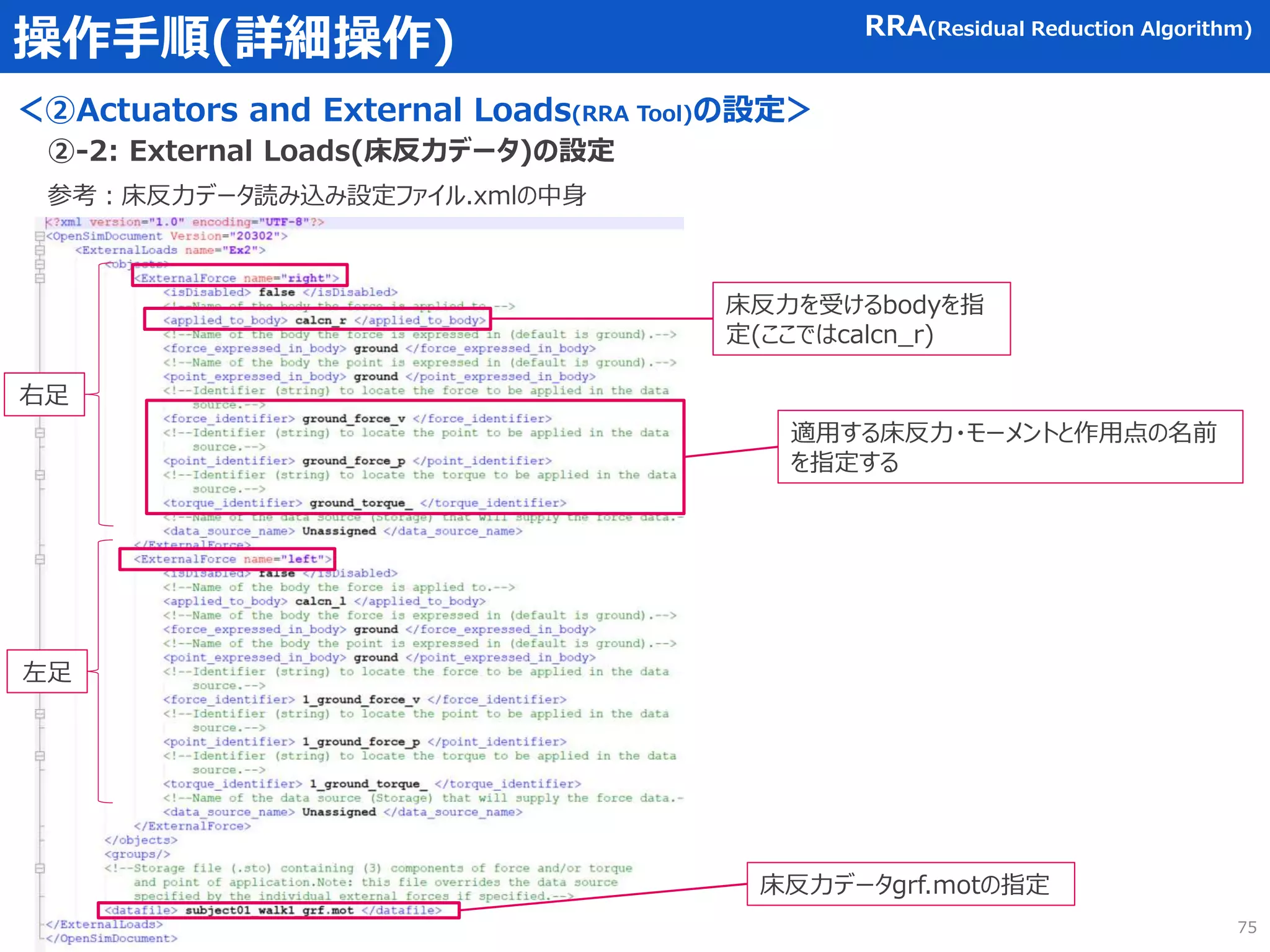 操作手順(詳細操作)
＜②Actuators and External Loads(RRA Tool)の設定＞
RRA(Residual Reduction Algorithm)
②-2: External Loads(床反力データ)の設定
参考：床反力データ読み込み設定ファイル.xmlの中身
床反力を受けるbodyを指
定(ここではcalcn_r)
適用する床反力・モーメントと作用点の名前
を指定する
右足
左足
床反力データgrf.motの指定
75
 