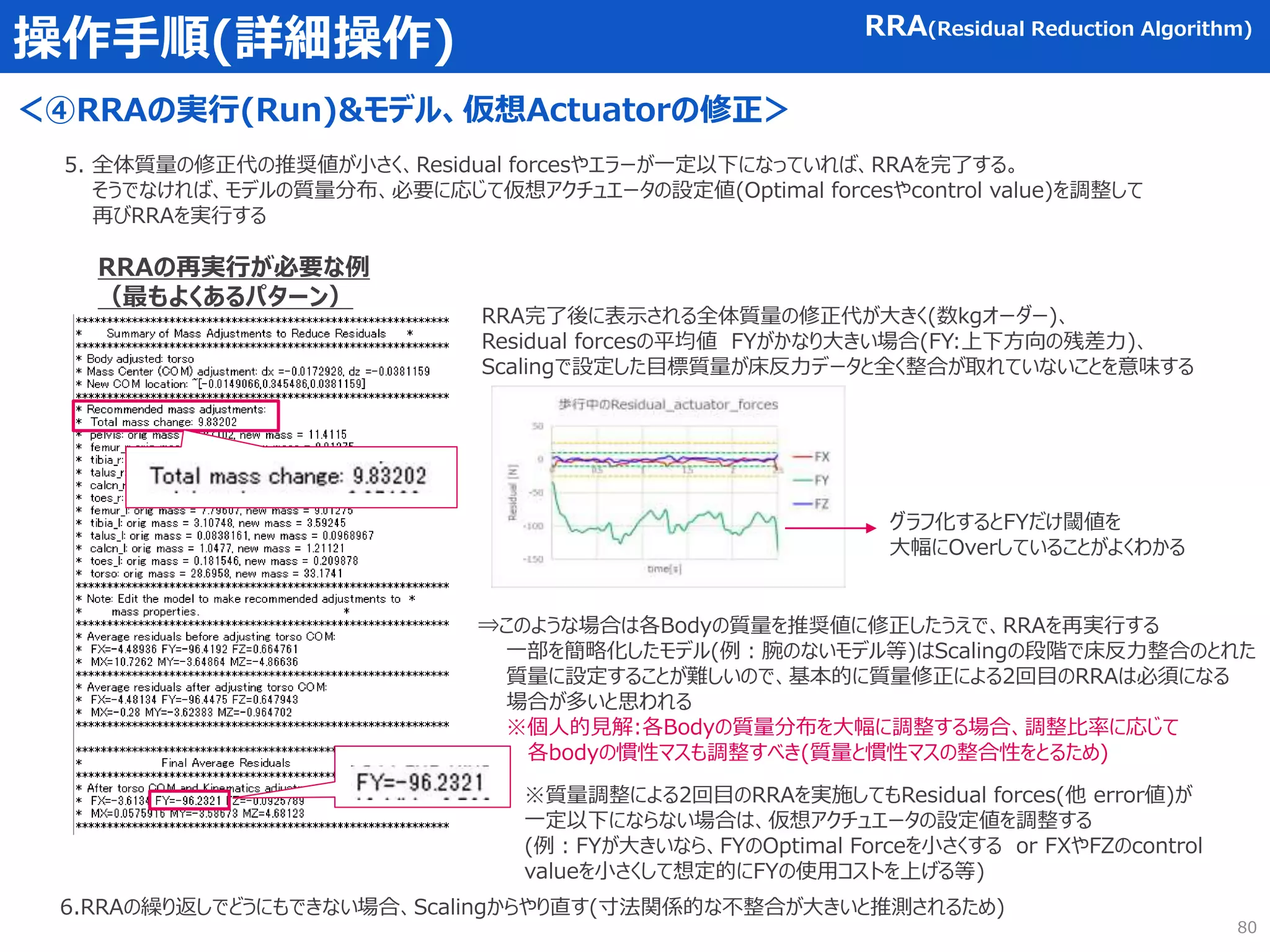 操作手順(詳細操作)
＜④RRAの実行(Run)&モデル、仮想Actuatorの修正＞
RRA(Residual Reduction Algorithm)
5. 全体質量の修正代の推奨値が小さく、Residual forcesやエラーが一定以下になっていれば、RRAを完了する。
そうでなければ、モデルの質量分布、必要に応じて仮想アクチュエータの設定値(Optimal forcesやcontrol value)を調整して
再びRRAを実行する
RRAの再実行が必要な例
（最もよくあるパターン）
RRA完了後に表示される全体質量の修正代が大きく(数kgオーダー)、
Residual forcesの平均値 FYがかなり大きい場合(FY:上下方向の残差力)、
Scalingで設定した目標質量が床反力データと全く整合が取れていないことを意味する
グラフ化するとFYだけ閾値を
大幅にOverしていることがよくわかる
⇒このような場合は各Bodyの質量を推奨値に修正したうえで、RRAを再実行する
一部を簡略化したモデル(例：腕のないモデル等)はScalingの段階で床反力整合のとれた
質量に設定することが難しいので、基本的に質量修正による2回目のRRAは必須になる
場合が多いと思われる
※個人的見解:各Bodyの質量分布を大幅に調整する場合、調整比率に応じて
各bodyの慣性マスも調整すべき(質量と慣性マスの整合性をとるため)
※質量調整による2回目のRRAを実施してもResidual forces(他 error値)が
一定以下にならない場合は、仮想アクチュエータの設定値を調整する
(例：FYが大きいなら、FYのOptimal Forceを小さくする or FXやFZのcontrol
valueを小さくして想定的にFYの使用コストを上げる等)
6.RRAの繰り返しでどうにもできない場合、Scalingからやり直す(寸法関係的な不整合が大きいと推測されるため)
80
 
