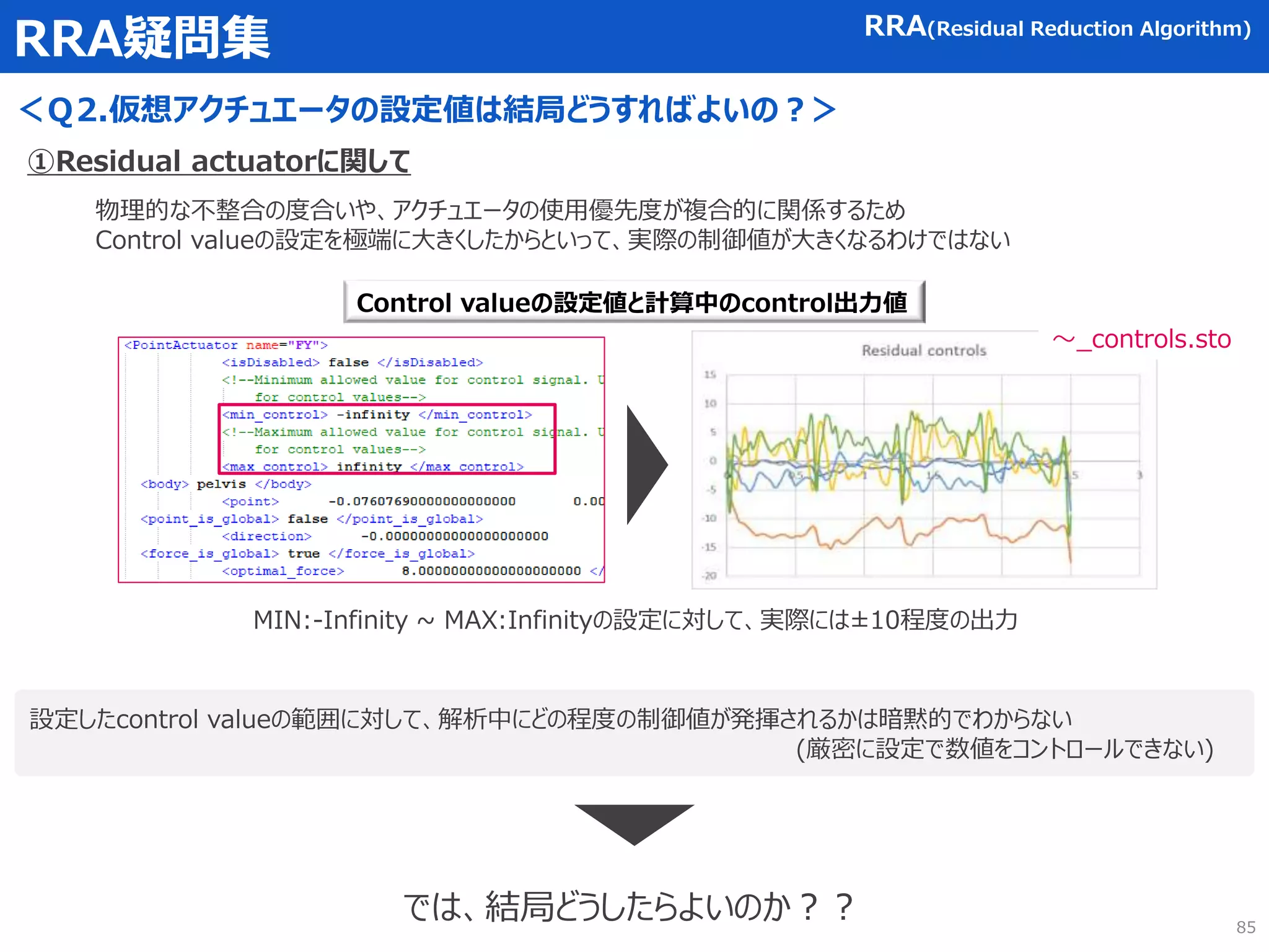 RRA疑問集
＜Ｑ2.仮想アクチュエータの設定値は結局どうすればよいの？＞
設定したcontrol valueの範囲に対して、解析中にどの程度の制御値が発揮されるかは暗黙的でわからない
(厳密に設定で数値をコントロールできない)
RRA(Residual Reduction Algorithm)
①Residual actuatorに関して
Control valueの設定値と計算中のcontrol出力値
～_controls.sto
MIN:-Infinity ~ MAX:Infinityの設定に対して、実際には±10程度の出力
物理的な不整合の度合いや、アクチュエータの使用優先度が複合的に関係するため
Control valueの設定を極端に大きくしたからといって、実際の制御値が大きくなるわけではない
では、結局どうしたらよいのか？？ 85
 