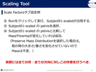 Biological Systems
Engineering lab.
Scale FactorsO
Copyright? 2015 Biological Systems Engineering lab. All Rights Reserved. 19
Scaling Tool
 Run򥯥åƌgУSubject01-scaledF룮
 Subject01-scaled  pelvisxk
 Subject01-scaled  pelvisȱ^
Massinertia仯Ƥгɹ
Preserve Mass DistributionxkϤϣ
ιǤδ󤭤/ؤ仯ƤʤΤ
Massϲ䣮
gHˤȫƤι?ȫƤηˌIФ٤
 