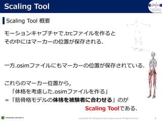 Biological Systems
Engineering lab.
Scaling Tool Ҫ
Copyright? 2015 Biological Systems Engineering lab. All Rights Reserved. 3
Scaling Tool
`󥭥ץ.trcե
Фˤϥީ``λä椵룮
Υީ``λä飬
򿼑].osimե롹
ǸǥYߤ˺Ϥ碌롹Τ
Scaling ToolǤ룮
һ.osimեˤީ``λä椵Ƥ룮
 