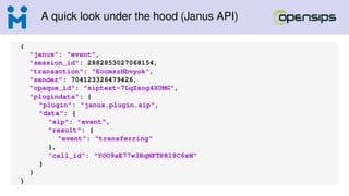 A quick look under the hood (Janus API)
{
"janus": "event",
"session_id": 2882853027068154,
"transaction": "EocmzzHbvyok",
"sender": 704123326479426,
"opaque_id": "siptest-7LqZsog4X0MG",
"plugindata": {
"plugin": "janus.plugin.sip",
"data": {
"sip": "event",
"result": {
"event": "transferring"
},
"call_id": "YOO9sE77w3RqNFTPK18C6sN"
}
}
}
 