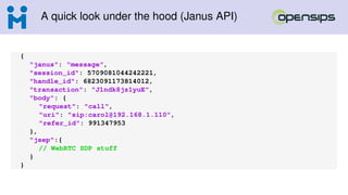 A quick look under the hood (Janus API)
{
"janus": "message",
"session_id": 5709081044242221,
"handle_id": 6823091173814012,
"transaction": "J1ndk8jz1yuE",
"body": {
"request": "call",
"uri": "sip:carol@192.168.1.110",
"refer_id": 991347953
},
"jsep":{
// WebRTC SDP stuff
}
}
 