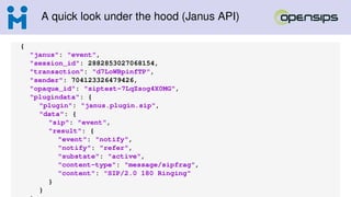 A quick look under the hood (Janus API)
{
"janus": "event",
"session_id": 2882853027068154,
"transaction": "d7LoWBpinfTP",
"sender": 704123326479426,
"opaque_id": "siptest-7LqZsog4X0MG",
"plugindata": {
"plugin": "janus.plugin.sip",
"data": {
"sip": "event",
"result": {
"event": "notify",
"notify": "refer",
"substate": "active",
"content-type": "message/sipfrag",
"content": "SIP/2.0 180 Ringing"
}
}
 