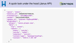 A quick look under the hood (Janus API)
{
"janus": "event",
"session_id": 2882853027068154,
"transaction": "d7LoWBpinfTP",
"sender": 704123326479426,
"opaque_id": "siptest-7LqZsog4X0MG",
"plugindata": {
"plugin": "janus.plugin.sip",
"data": {
"sip": "event",
"result": {
"event": "notify",
"notify": "refer",
"substate": "active",
"content-type": "message/sipfrag",
"content": "SIP/2.0 200 OK"
}
}
 