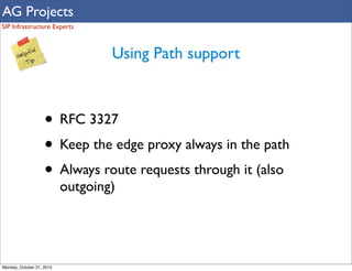 AG Projects
SIP Infrastructure Experts

Using Path support

• RFC 3327
• Keep the edge proxy always in the path
• Always route requests through it (also
outgoing)

Monday, October 21, 2013

 