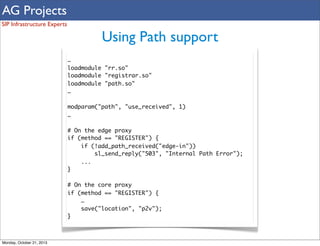 AG Projects
SIP Infrastructure Experts

Using Path support
…
loadmodule "rr.so"
loadmodule "registrar.so"
loadmodule "path.so"
…
modparam("path", "use_received", 1)
…
# On the edge proxy
if (method == "REGISTER") {
if (!add_path_received("edge-in"))
sl_send_reply("503", "Internal Path Error");
...
}
# On the core proxy
if (method == "REGISTER") {
…
save("location", "p2v");
}

Monday, October 21, 2013

 
