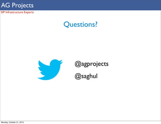 AG Projects
SIP Infrastructure Experts

Questions?

@agprojects
@saghul

Monday, October 21, 2013

 