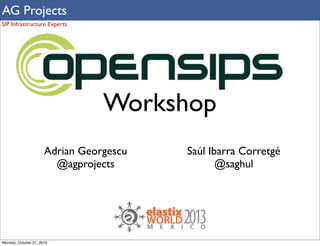 AG Projects
SIP Infrastructure Experts

Workshop
Adrian Georgescu
@agprojects

Monday, October 21, 2013

Saúl Ibarra Corretgé
@saghul

 