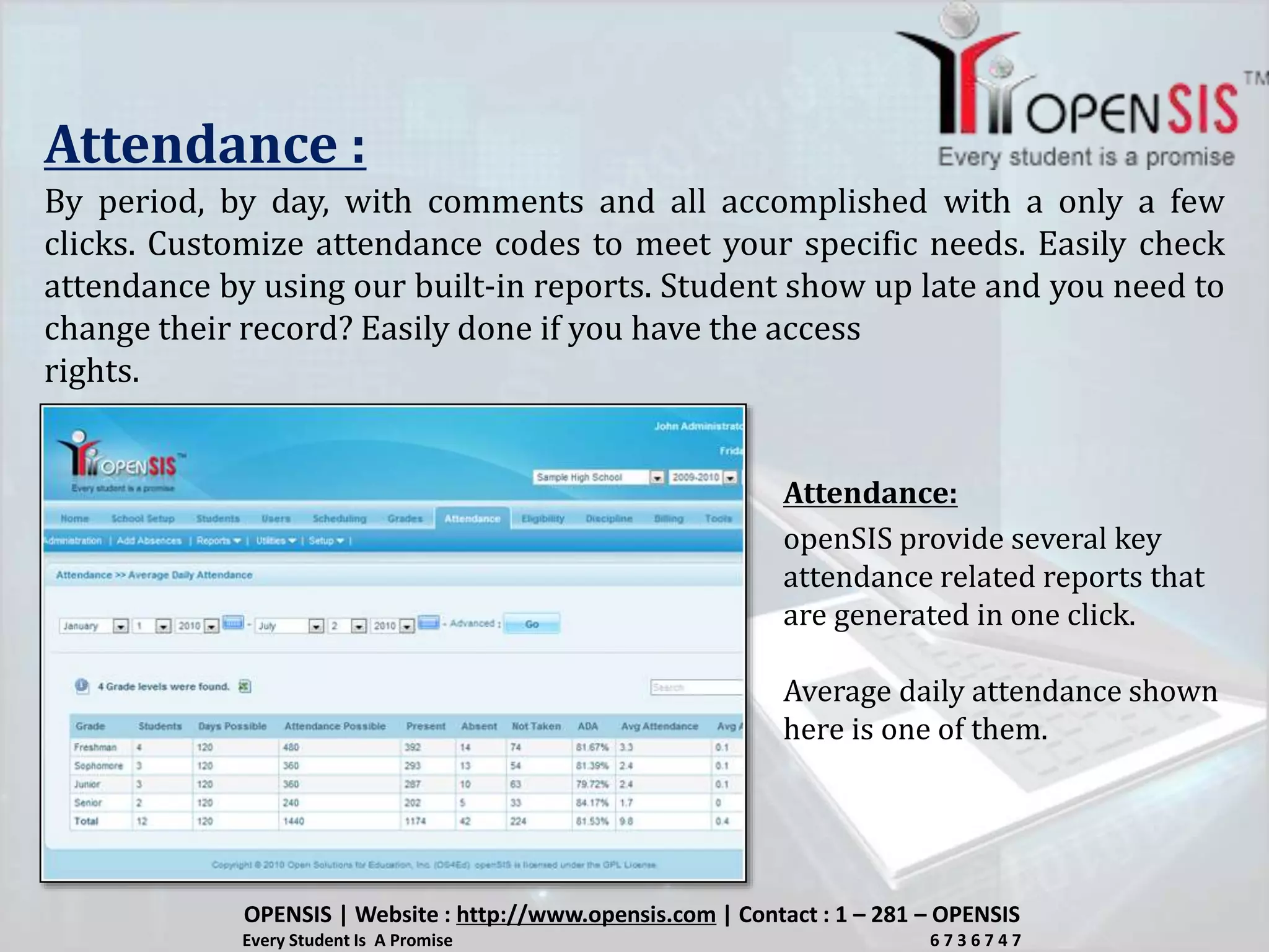 Attendance :
By period, by day, with comments and all accomplished with a only a few
clicks. Customize attendance codes to meet your specific needs. Easily check
attendance by using our built-in reports. Student show up late and you need to
change their record? Easily done if you have the access
rights.
openSIS provide several key
attendance related reports that
are generated in one click.
Average daily attendance shown
here is one of them.
Attendance:
OPENSIS | Website : http://www.opensis.com | Contact : 1 – 281 – OPENSIS
Every Student Is A Promise 6 7 3 6 7 4 7
 
