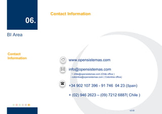 Contact Information
          06.
BI Area



Contact
Information
                        www.opensistemas.com

                        info@opensistemas.com
                          - chile@opensistemas.com (Chile office )
                         - colombia@opensistemas.com ( Colombia office)


                        +34 902 107 396 - 91 746 04 23 (Spain)

                        + (02) 946 2623 – (09) 7212 6887( Chile )


                                                                          v2.02
 