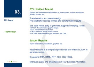 ETL: Kettle / Talend
          03.   Designs and generates transformations on data sources, models, repositories,
                different formats, etc.

                Transformation and process design
BI Area         Pre-established source formats and transformation results

                ETL code reuse, easy to generate, support and deploy. Tools:
                –SPOON: Transformation graphic design.
                –PAN: Transformation execution.
Technology      –CHEF: Data load design, status control.
                –KITCHEN: Executes batch jobs designed with Chef.



                Jasper Reports
                Report elaboration, presentation, graphics, etc.


                Jasper Reports is a complete open source tool written in JAVA to
                generate reports

                It supports: PDF, HTML, RTF, XLS, CSV y XML.

                Improves quality and presentation of your business information
 
