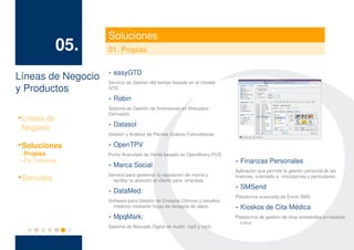 Soluciones
                05.       01. Propias


Líneas de Negocio · easyGTD del tiempo basado en el modelo
                  Servicio de Gestión
y Productos       GTD

                  · Robin
                          Sistema de Gestión de Inversiones en Mrecados
                          Derivados

    Líneas de
    Negocio               · Datasol
                          Gestión y Análisis de Plantas Solares Fotovoltaicas


    Soluciones            · OpenTPV
 – Propias                Punto Avanzado de Venta basado en OpenBravo POS.
 – De Terceros
                          · Marca Social                                         · Finanzas Personales
                                                                                 Aplicación que permite la gestión personal de las
                          Servicio para gestionar la reputación de marca y

    Servicios               facilitar la atención al cliente para empresa.
                                                                                 finanzas, orientado a micropymes y particulares.


                          · DataMed:                                             · SMSend
                                                                                 Plataforma avanzada de Envío SMS
                          Software para Gestión de Ensayos Clínicos y estudios
                            médicos mediante hojas de recogida de datos.         · Kioskos de Cita Médica
                          · MpqMark:                                             Plataforma de gestión de citas embebidos en kioskos
                                                                                   Linux
                          Sistema de Marcado Digital de Audio mp2 y mp3.
 