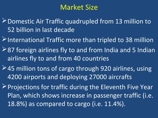 Market Size
 Domestic Air Traffic quadrupled from 13 million to
52 billion in last decade
 International Traffic more than tripled to 38 million
 87 foreign airlines fly to and from India and 5 Indian
airlines fly to and from 40 countries
 45 million tons of cargo through 920 airlines, using
4200 airports and deploying 27000 aircrafts
 Projections for traffic during the Eleventh Five Year
Plan, which shows increase in passenger traffic (i.e.
18.8%) as compared to cargo (i.e. 11.4%).

 