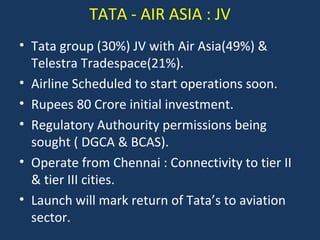 TATA - AIR ASIA : JV
• Tata group (30%) JV with Air Asia(49%) &
Telestra Tradespace(21%).
• Airline Scheduled to start operations soon.
• Rupees 80 Crore initial investment.
• Regulatory Authourity permissions being
sought ( DGCA & BCAS).
• Operate from Chennai : Connectivity to tier II
& tier III cities.
• Launch will mark return of Tata’s to aviation
sector.

 