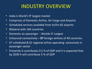 INDUSTRY OVERVIEW
•
•
•
•
•
•
•

India is World’s 9th largest market
Comprises of Domestic Airline, Air Cargo and Airports
Scheduled services available from to/fro 82 airports
Bilateral with 104 countries
Domestic air passenger - Worlds 4th Largest
Enhanced connectivity – 87 foreign airlines of 49 countries
07 scheduled & 01 regional airline operating exclusively in
passenger sector
• Presently it contributes 0.5 % of GDP and it is expected that
by 2030 it will contribute 5 % of GDP

 