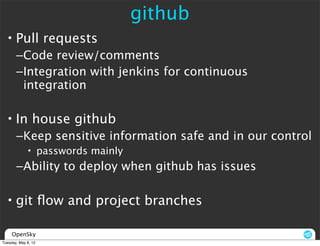 github
  • Pull requests
       –Code review/comments
       –Integration with jenkins for continuous
        integration

  • In house github
       –Keep sensitive information safe and in our control
             • passwords mainly
       –Ability to deploy when github has issues

  • git ﬂow and project branches

     OpenSky
Tuesday, May 8, 12
 