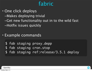 fabric
  • One click deploys
       –Makes deploying trivial
       –Get new functionality out in to the wild fast
       –Hotﬁx issues quickly

  • Example commands

        $ fab staging proxy.depp
        $ fab staging cron.stop
        $ fab staging ref:release/3.5.1 deploy



     OpenSky
Tuesday, May 8, 12
 