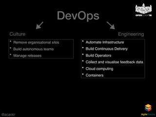 @acankr AgileStacks
* Remove organisational silos
* Build autonomous teams
* Manage releases
* Automate Infrastructure
* Build Continuous Delivery
* Build Operators
* Collect and visualise feedback data
* Cloud computing
* Containers
Culture Engineering
DevOps
 