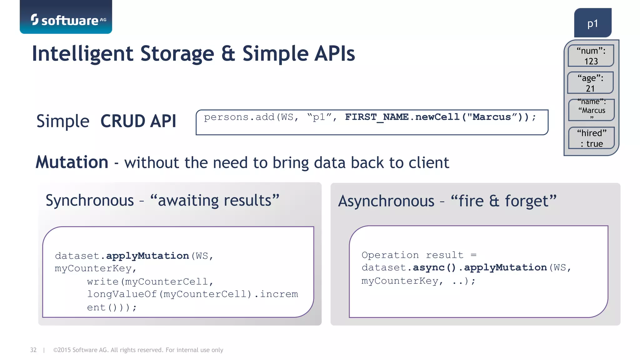 ©2015 Software AG. All rights reserved. For internal use only32 |
Intelligent Storage & Simple APIs
Synchronous – “awaiting results” Asynchronous – “fire & forget”
p1
“num”:
123
“age”:
21
“name”:
“Marcus
”
“hired”
: true
dataset.applyMutation(WS,
myCounterKey,
write(myCounterCell,
longValueOf(myCounterCell).increm
ent()));
Operation result =
dataset.async().applyMutation(WS,
myCounterKey, ..);
persons.add(WS, “p1”, FIRST_NAME.newCell("Marcus”));
Simple CRUD API
Mutation - without the need to bring data back to client
 